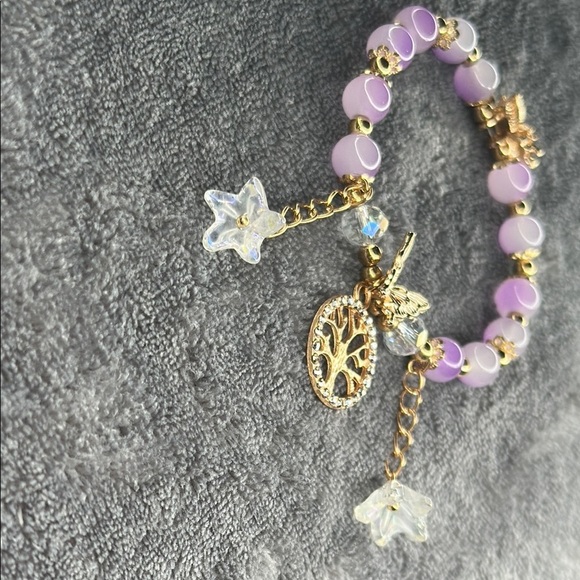 Butterfly 🦋 🌺 Flower & Tree of Life Gold & Purple Dangling 3d Charm Bracelet - Picture 8 of 10